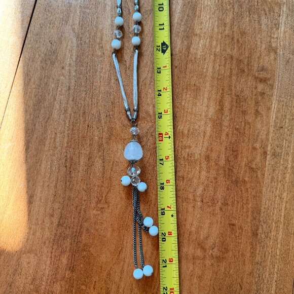 Costume Gray, White, Clear Beads Fabric Cord Silver Tone Chain Long Necklace - Picture 5 of 6